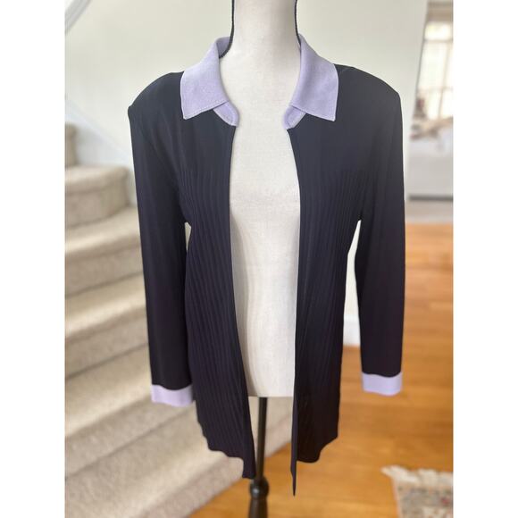 Misook Navy & Lavender Purple Ribbed Open Long Sleeve Collared Cardigan - Picture 1 of 5